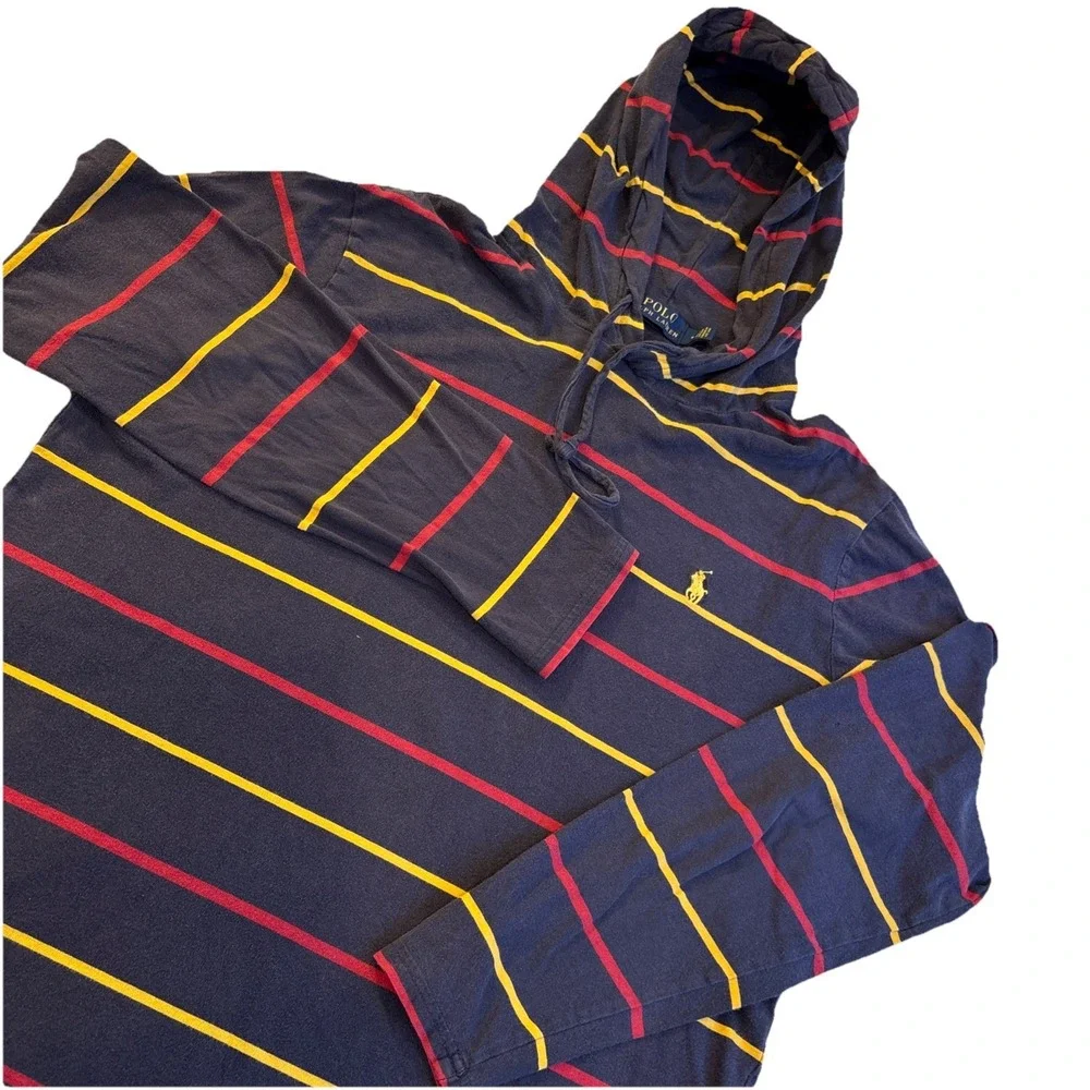 Vintage‎ Polo Ralph Lauren Blue Red Yellow Stripe Long Slv TshirtHoodie Men's M